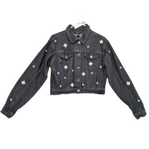 Forever 21 Embellished Black Denim Cropped Jean Jacket Women's M Pearl Gems